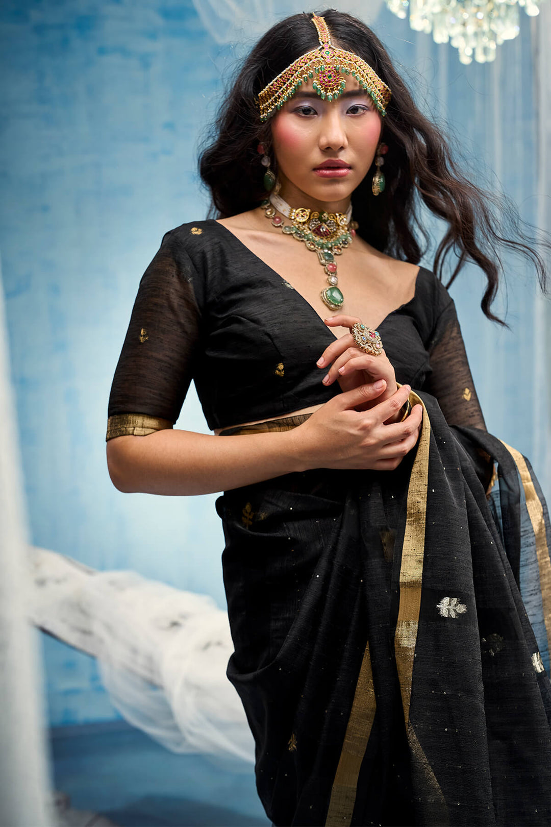 Carbon Black Zari Woven Pure Munga Cotton saree