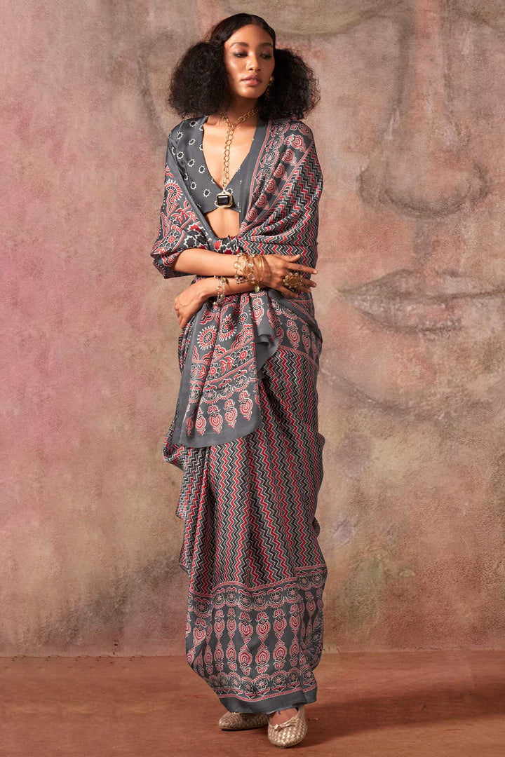 Carbon Grey Ajarkh Printed Satin Georgette Silk Saree