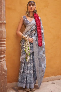Carbon Grey Digital Printed Linen Silk Saree