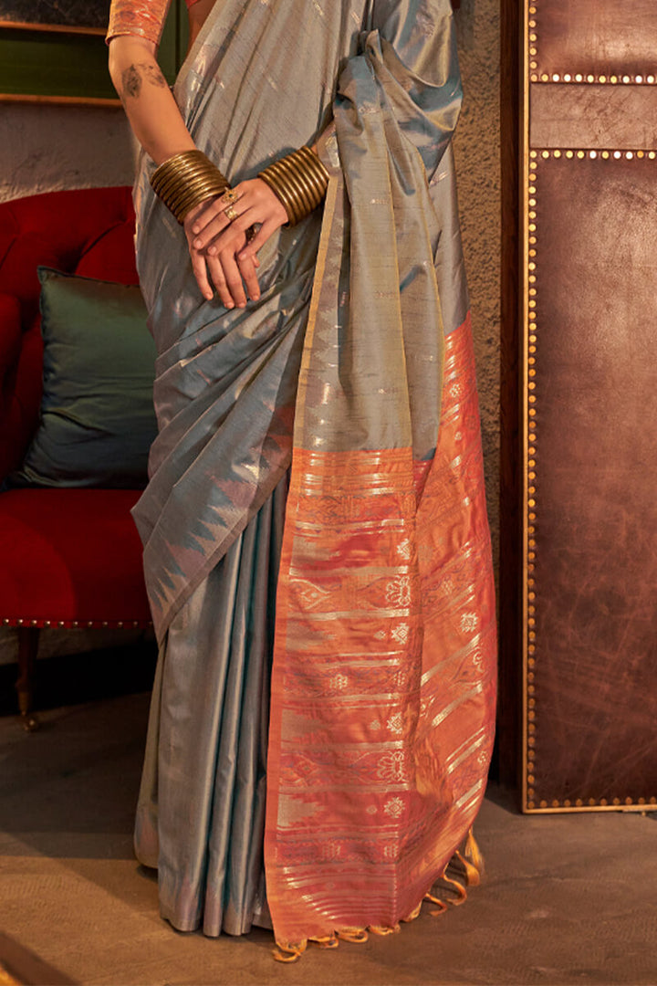 Carbon Grey Handloom Banarasi Tussar Silk Saree