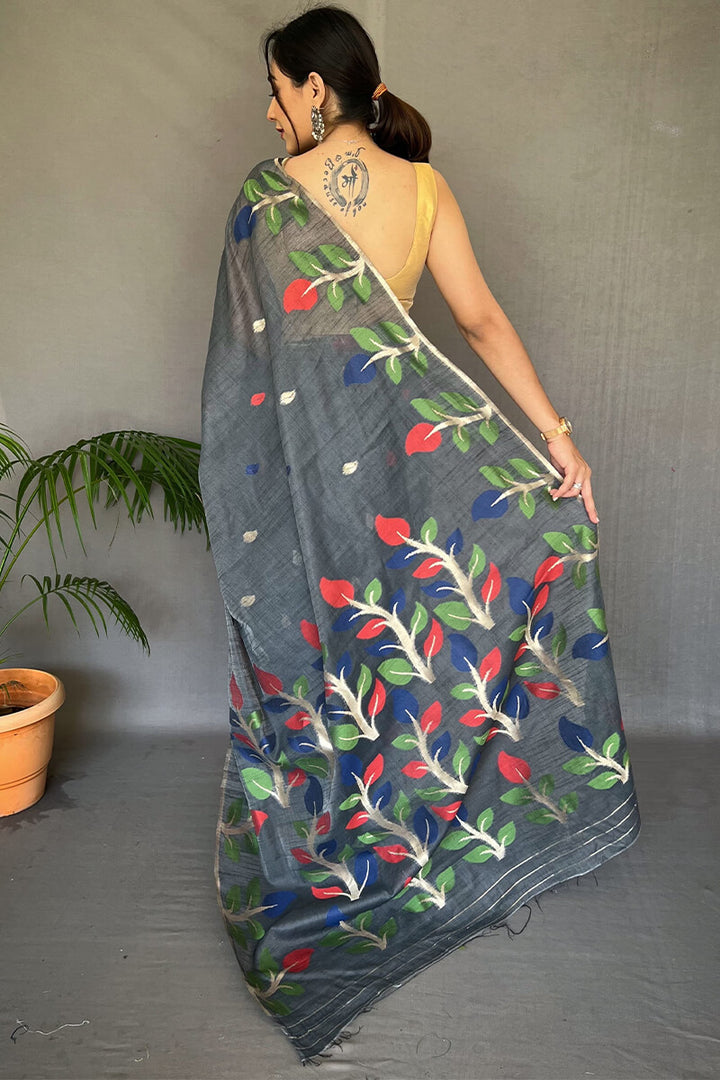 Carbon Grey Linen Silk Saree