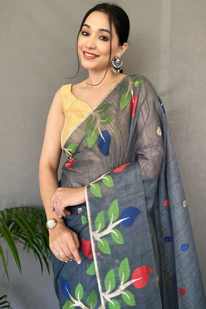 Carbon Grey Linen Silk Saree