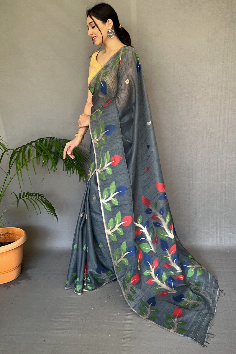 Carbon Grey Linen Silk Saree