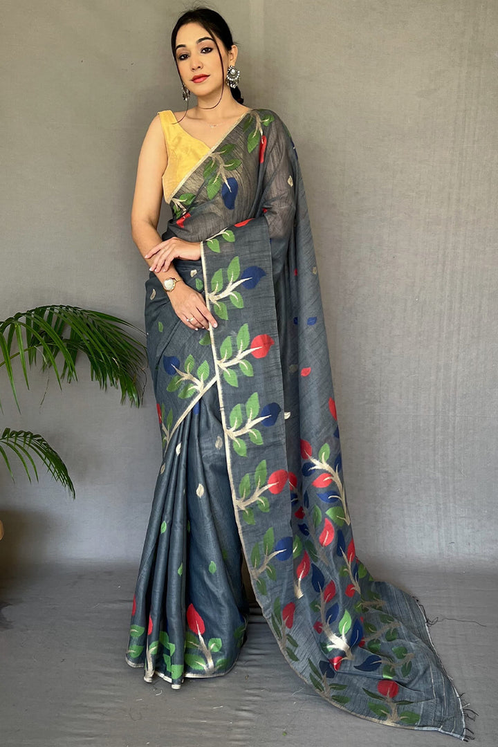 Carbon Grey Linen Silk Saree