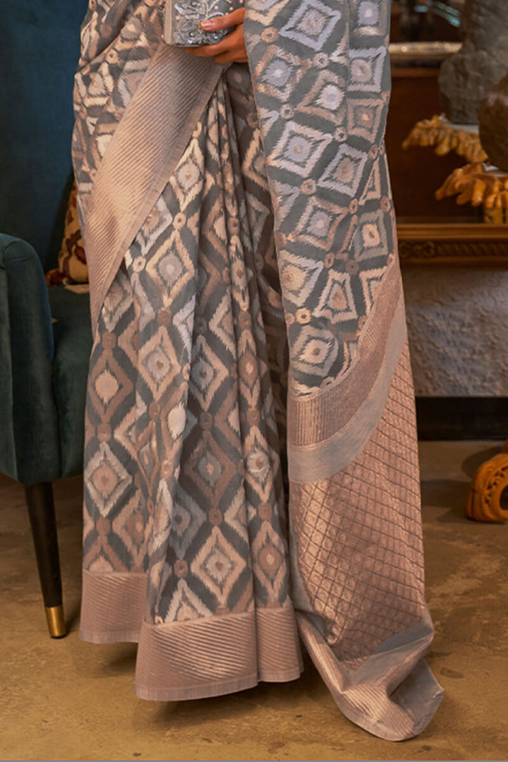 Carbon Grey Zari Woven Linen Silk Saree