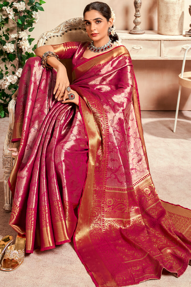 Cardinal Pink Zari Woven Kanjivaram Silk Saree