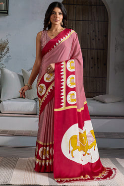 Cardinal Red Ajrakh Printed Satin Crepe Silk Saree