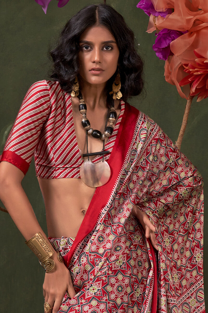 Cardinal Red Ajrakh Printed Satin Silk Saree
