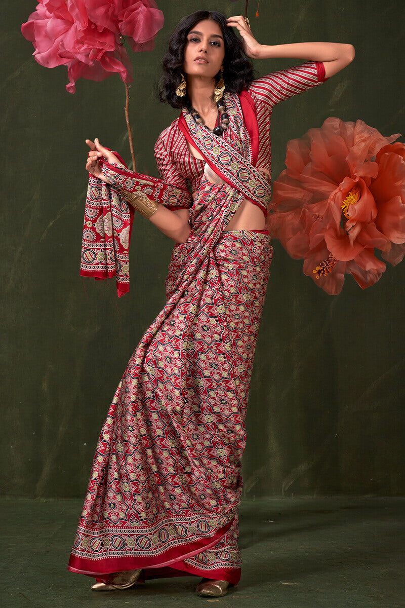 Cardinal Red Ajrakh Printed Satin Silk Saree