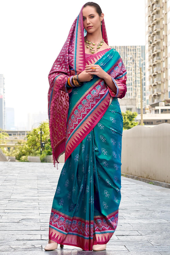Caribbean Blue Soft Banarasi Silk Saree