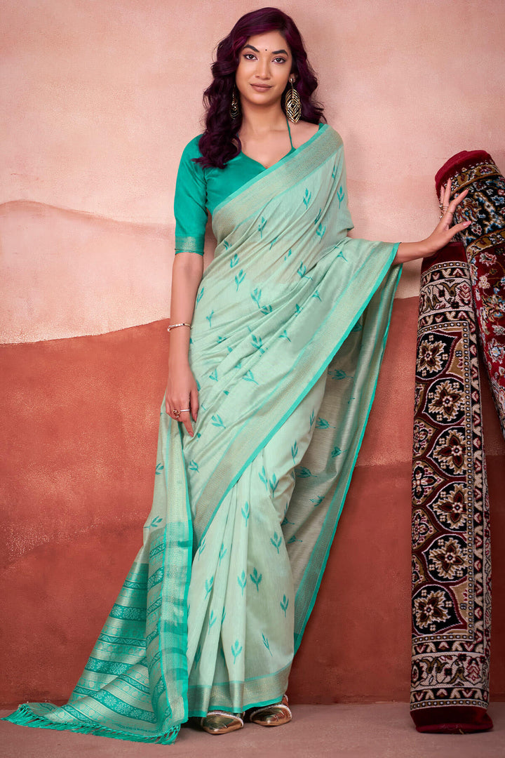 Caribbean Green Modal Cotton Silk Saree