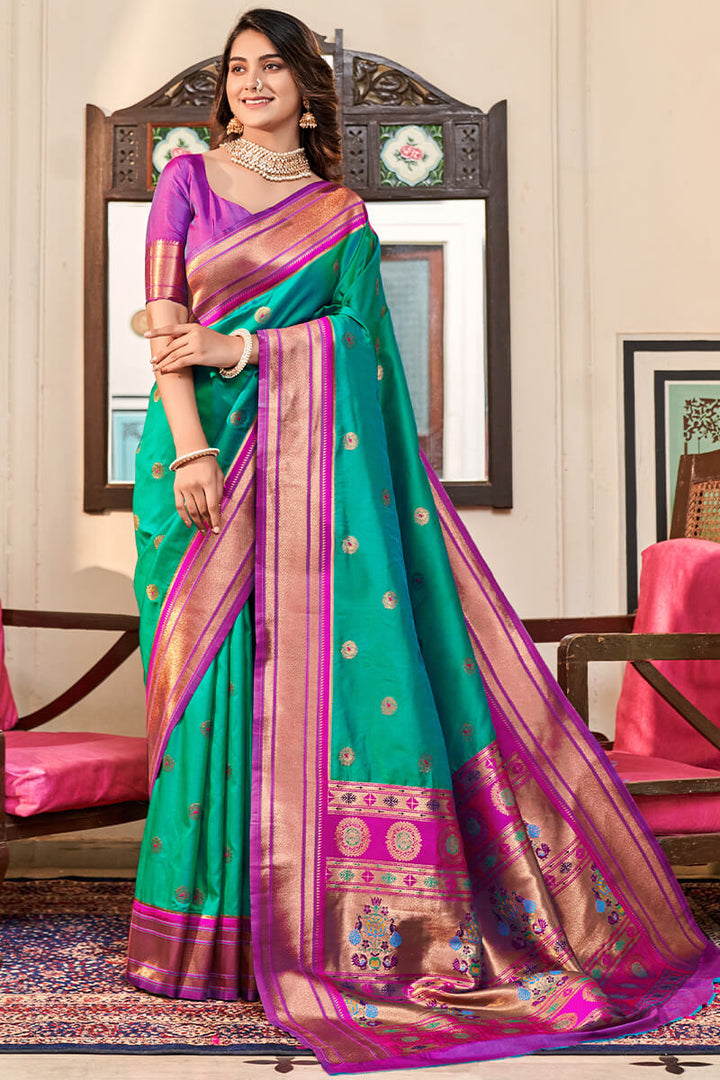 Caribbean Green Paithani silk saree