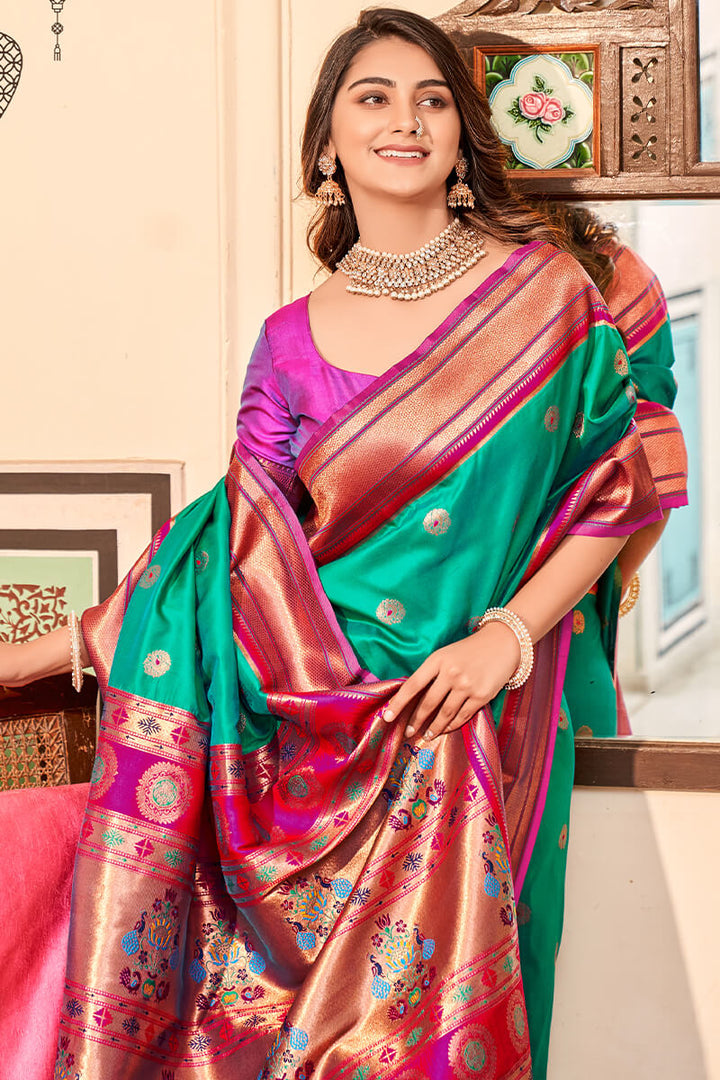 Caribbean Green Paithani silk saree