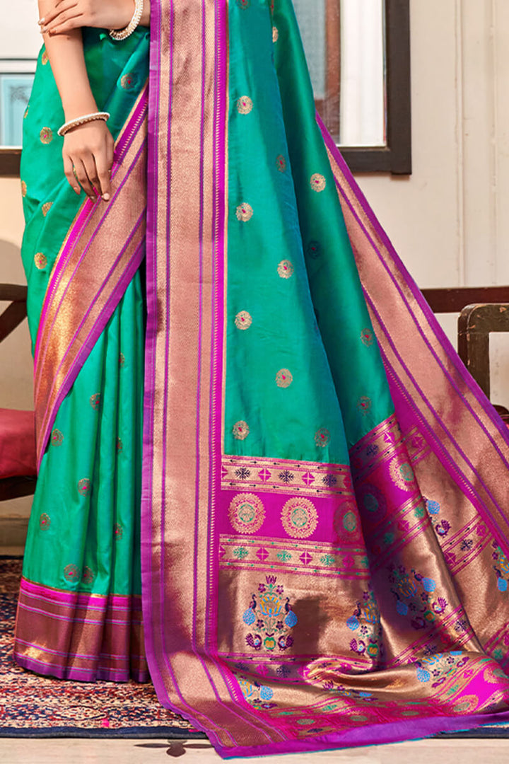 Caribbean Green Paithani silk saree