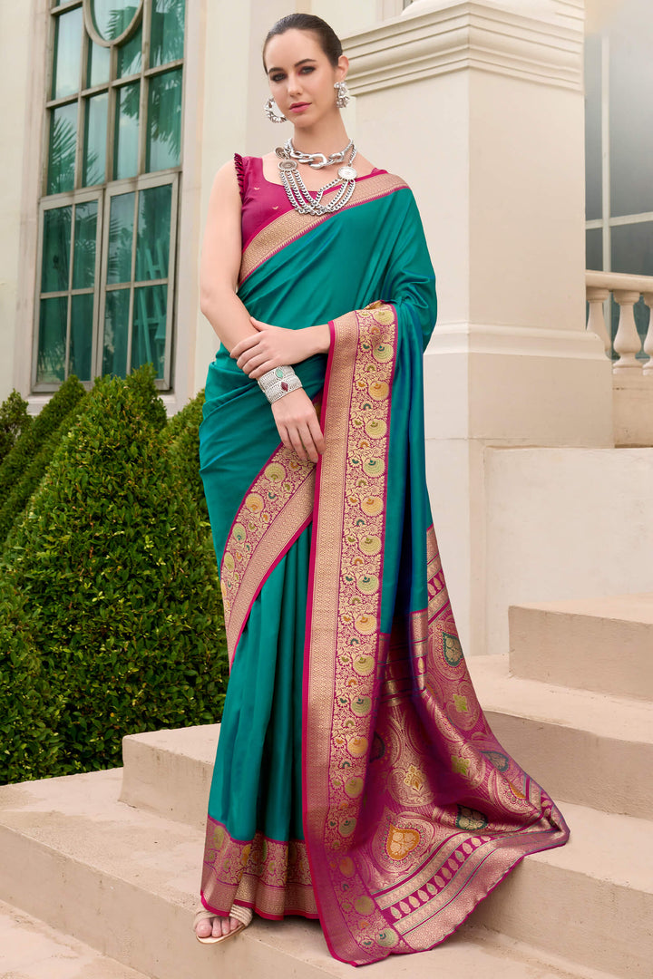 Caribbean Green Soft Banarasi Silk Saree