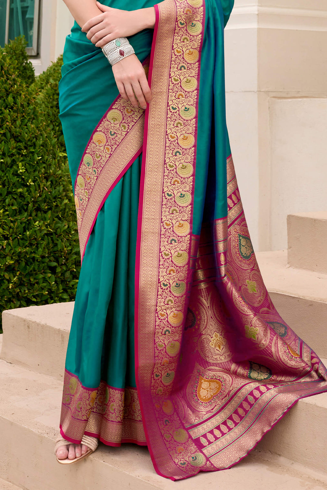 Caribbean Green Soft Banarasi Silk Saree