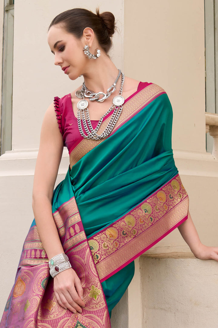 Caribbean Green Soft Banarasi Silk Saree