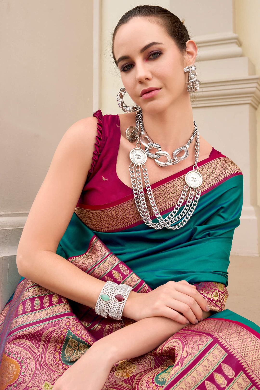 Caribbean Green Soft Banarasi Silk Saree