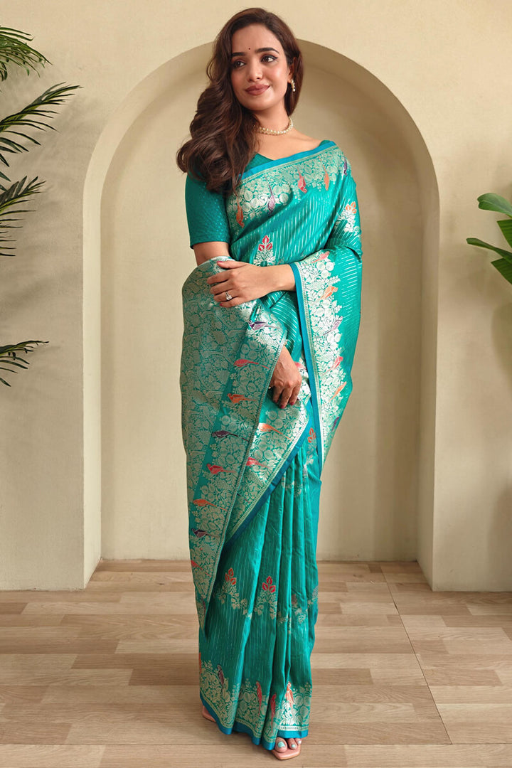 Caribbean Green Zari Wiven Banarasi Satin Silk Saree