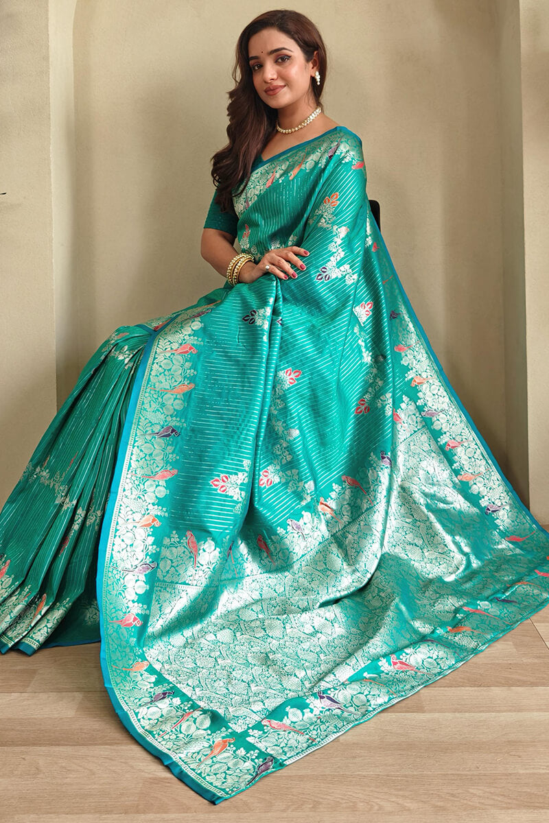 Caribbean Green Zari Wiven Banarasi Satin Silk Saree