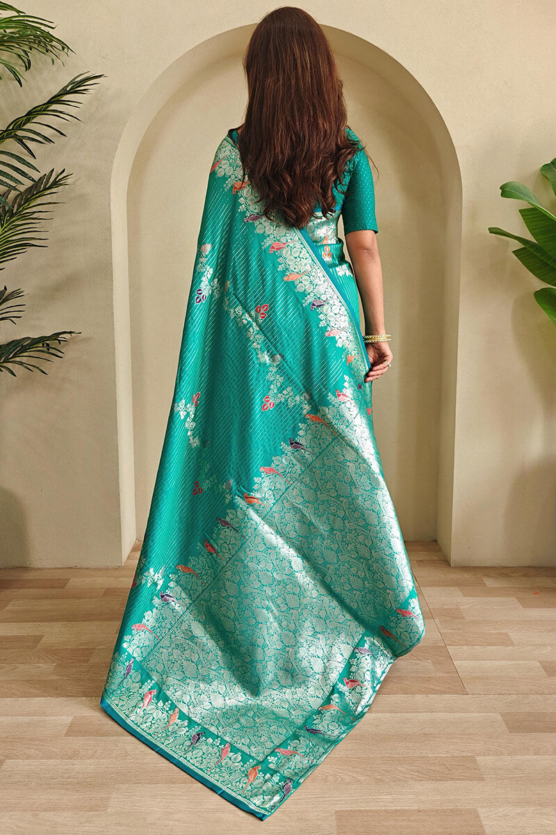 Caribbean Green Zari Wiven Banarasi Satin Silk Saree