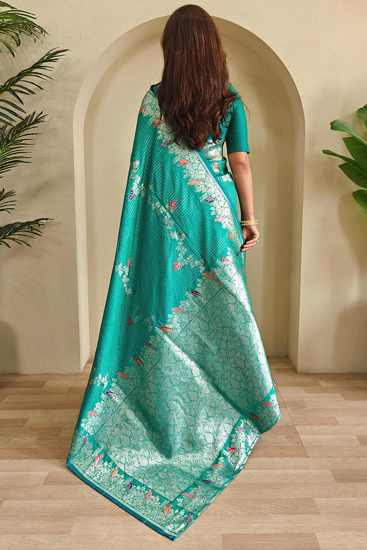 Caribbean Green Zari Wiven Banarasi Satin Silk Saree