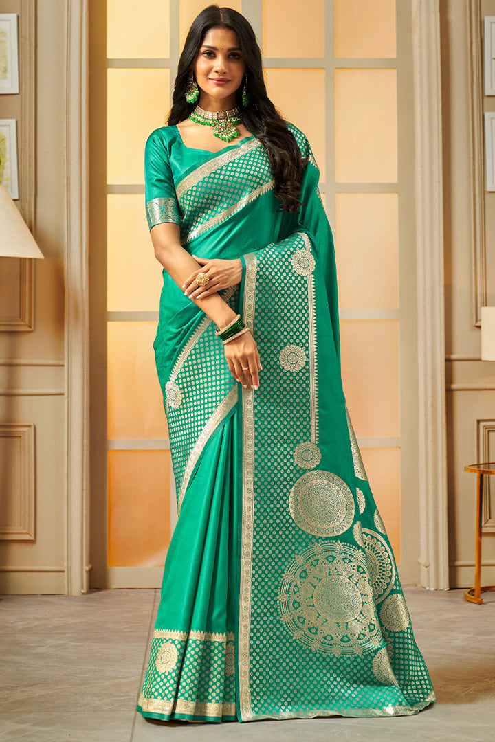 Caribbean Green Zari Woven Banarasi Silk Saree