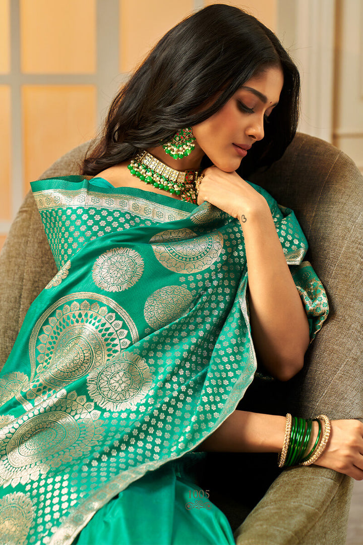 Caribbean Green Zari Woven Banarasi Silk Saree