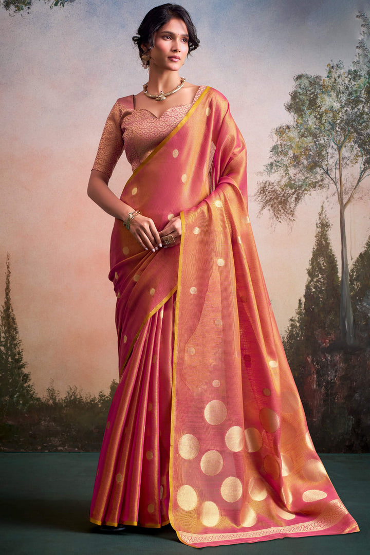 Carmine Pink Banarasi Tissue Silk Saree