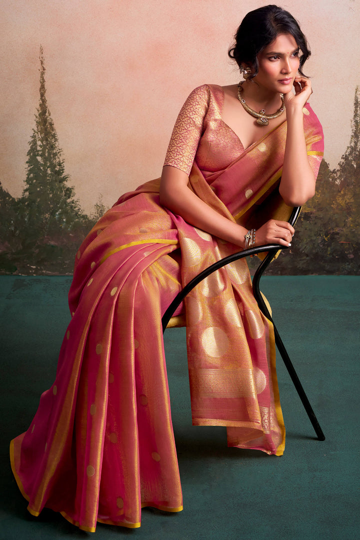 Carmine Pink Banarasi Tissue Silk Saree