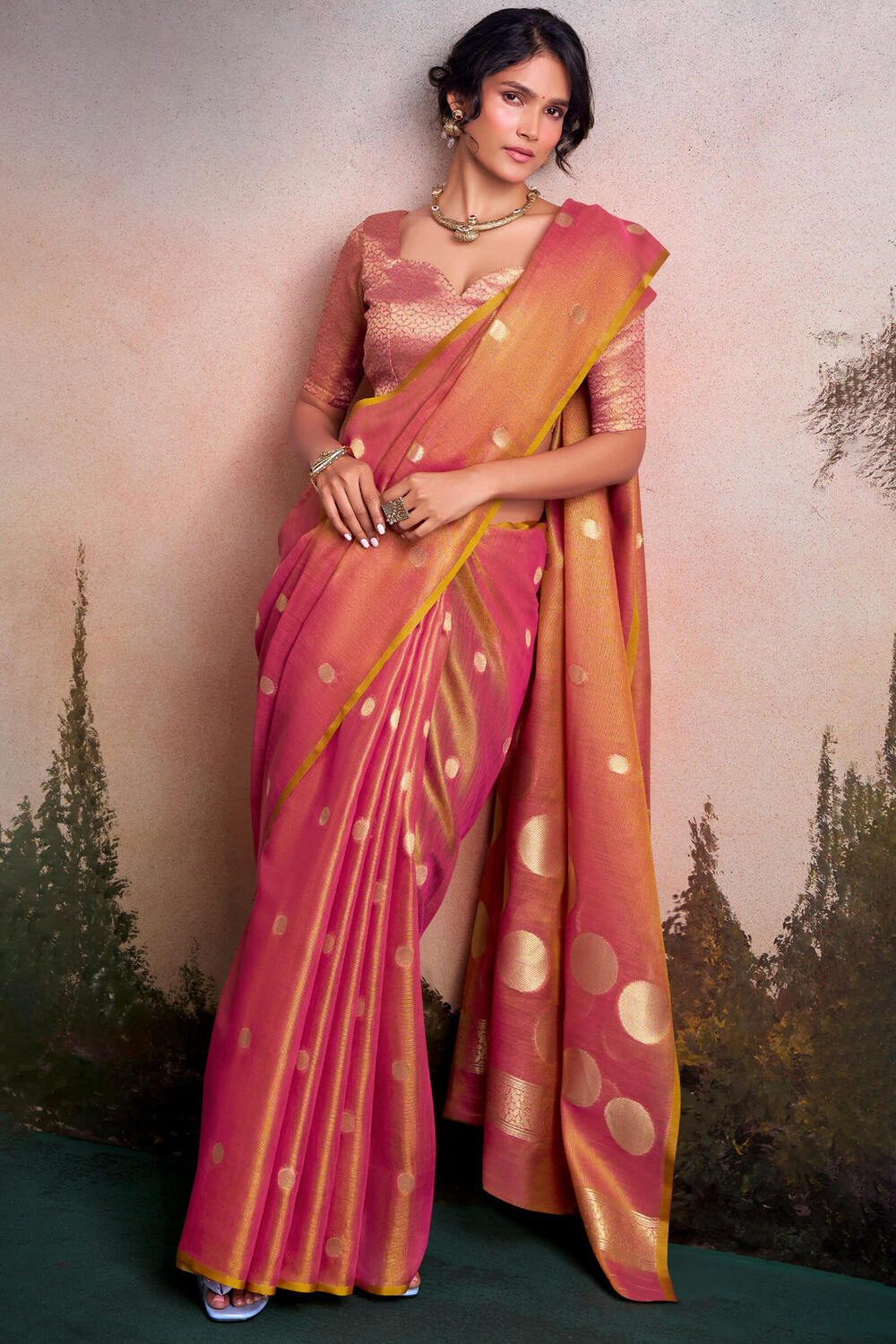 Carmine Pink Banarasi Tissue Silk Saree