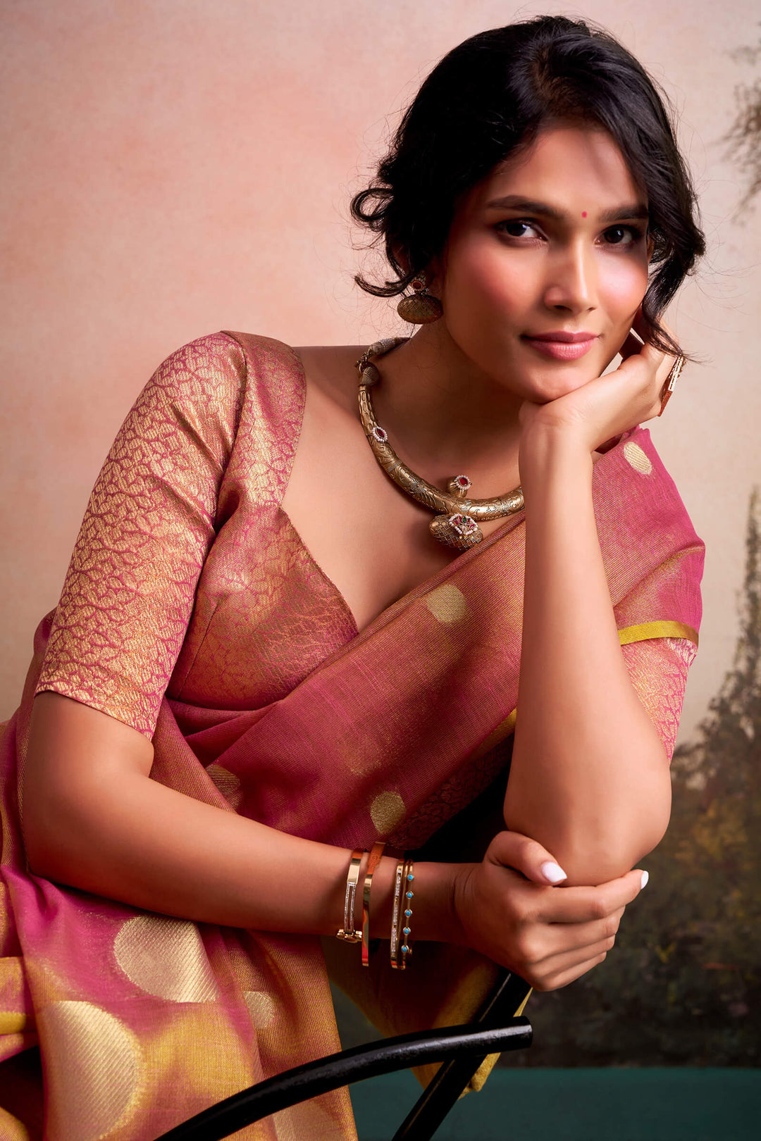 Carmine Pink Banarasi Tissue Silk Saree
