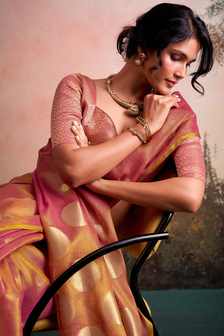 Carmine Pink Banarasi Tissue Silk Saree