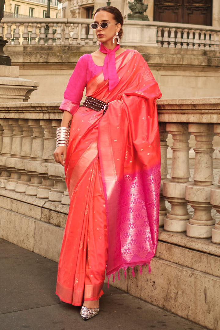 Carmine Pink Soft Banarasi Silk Saree