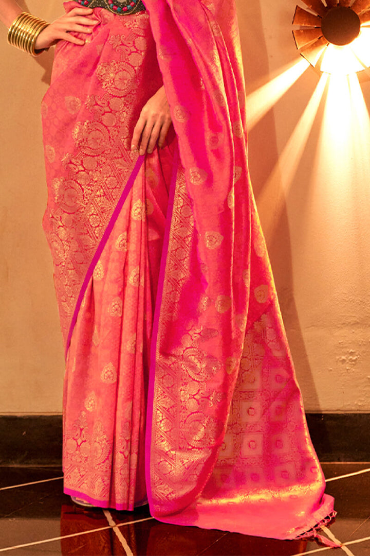 Carmine Pink Zari Woven Handloom Silk Saree