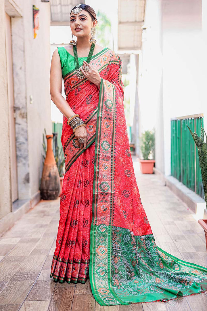 Carmine Pink Zari Woven Patola Silk Saree