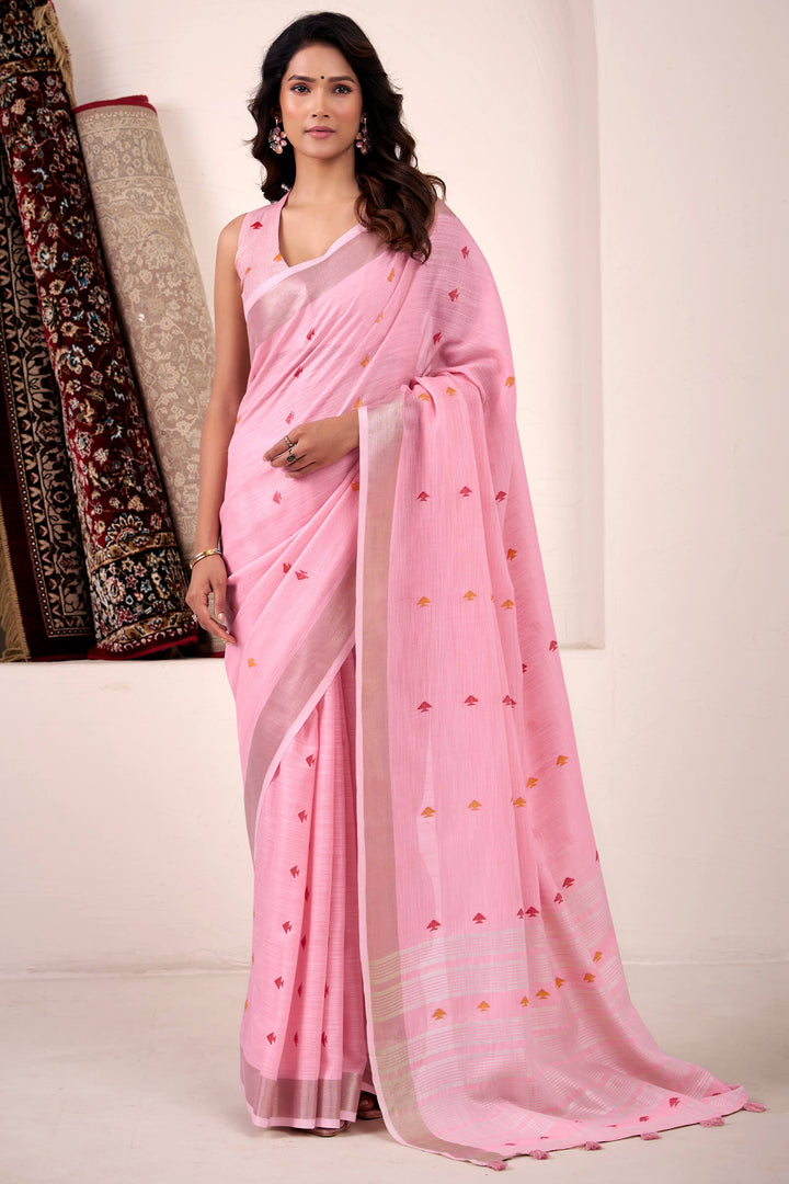 Carnation Pink Linen Cotton Silk Saree