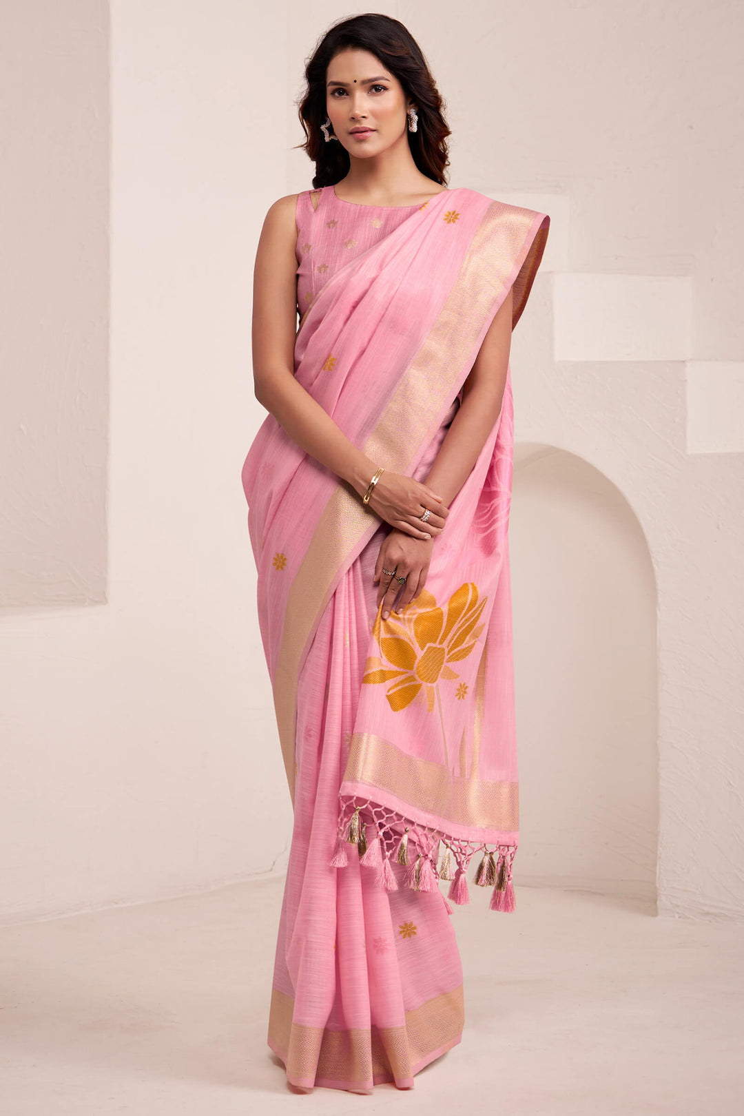 Carnation Pink Soft Linen Silk Saree