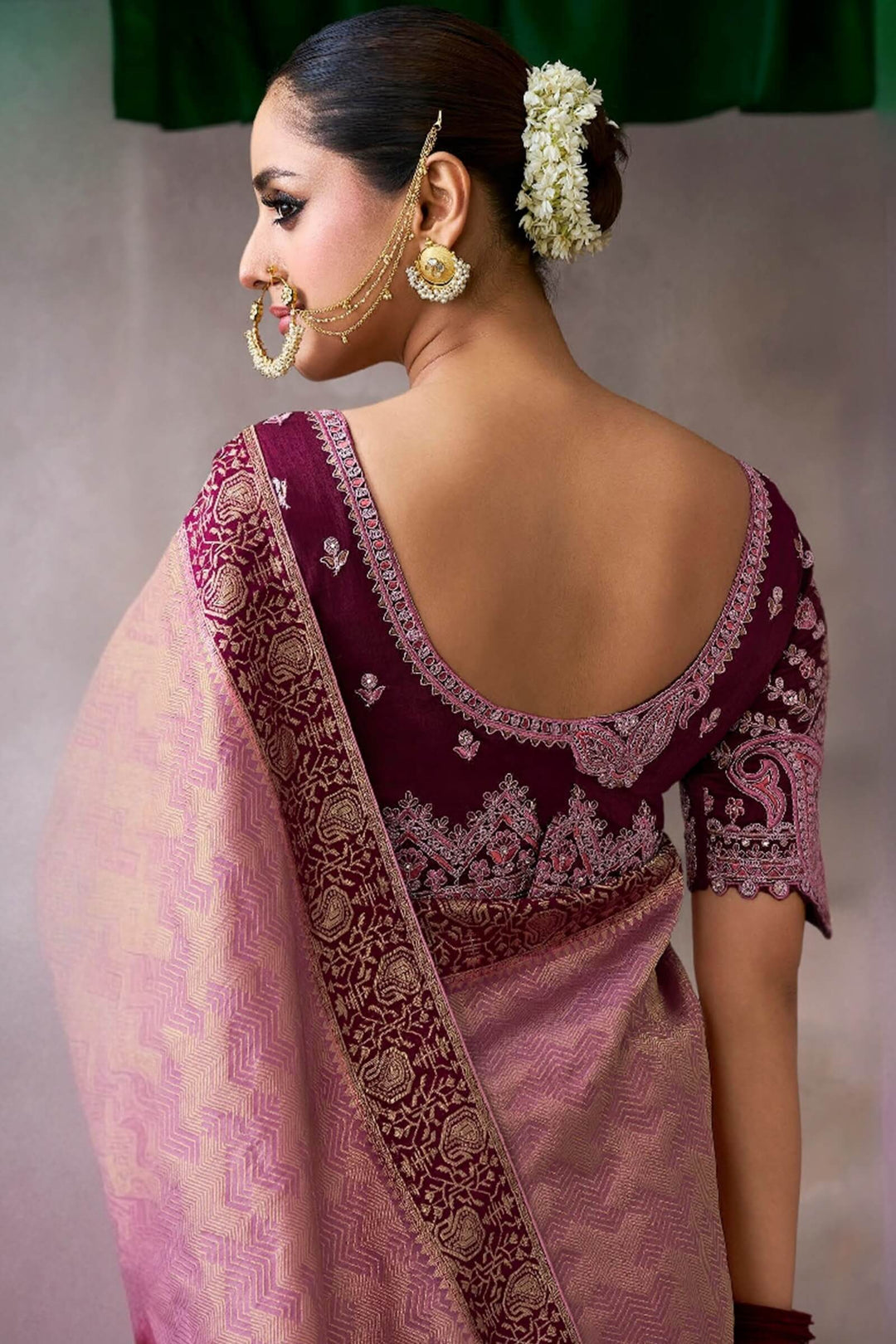 Carnation Pink Zari Woven Pure Crape Silk Saree with Designer Blouse Piece