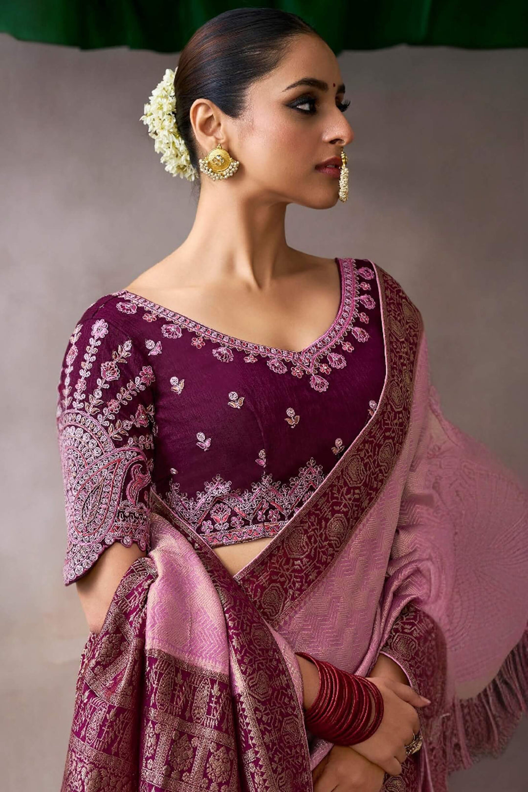 Carnation Pink Zari Woven Pure Crape Silk Saree with Designer Blouse Piece