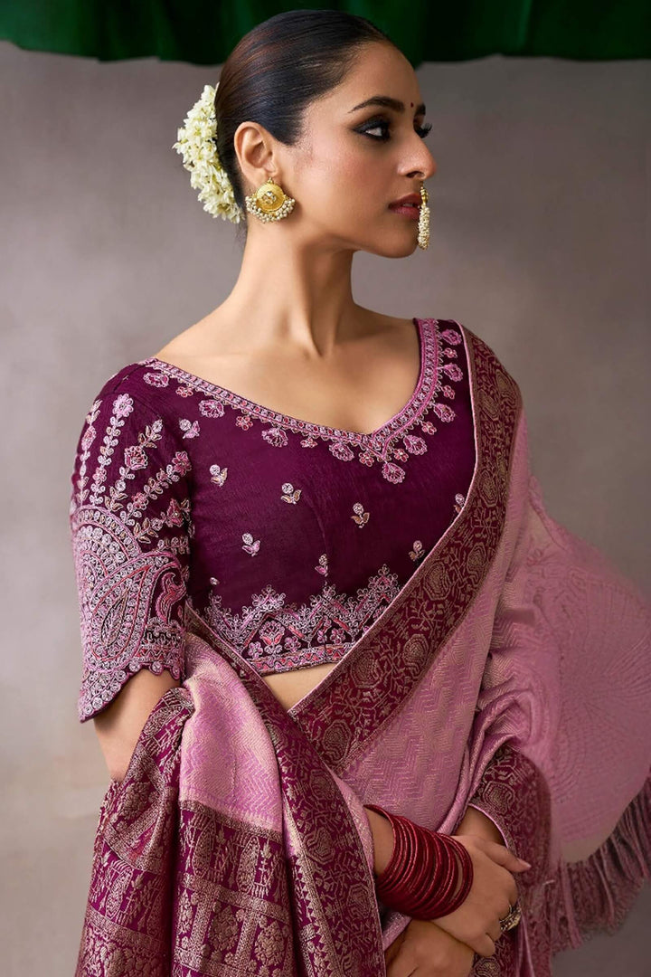Carnation Pink Zari Woven Pure Crape Silk Saree with Designer Blouse Piece
