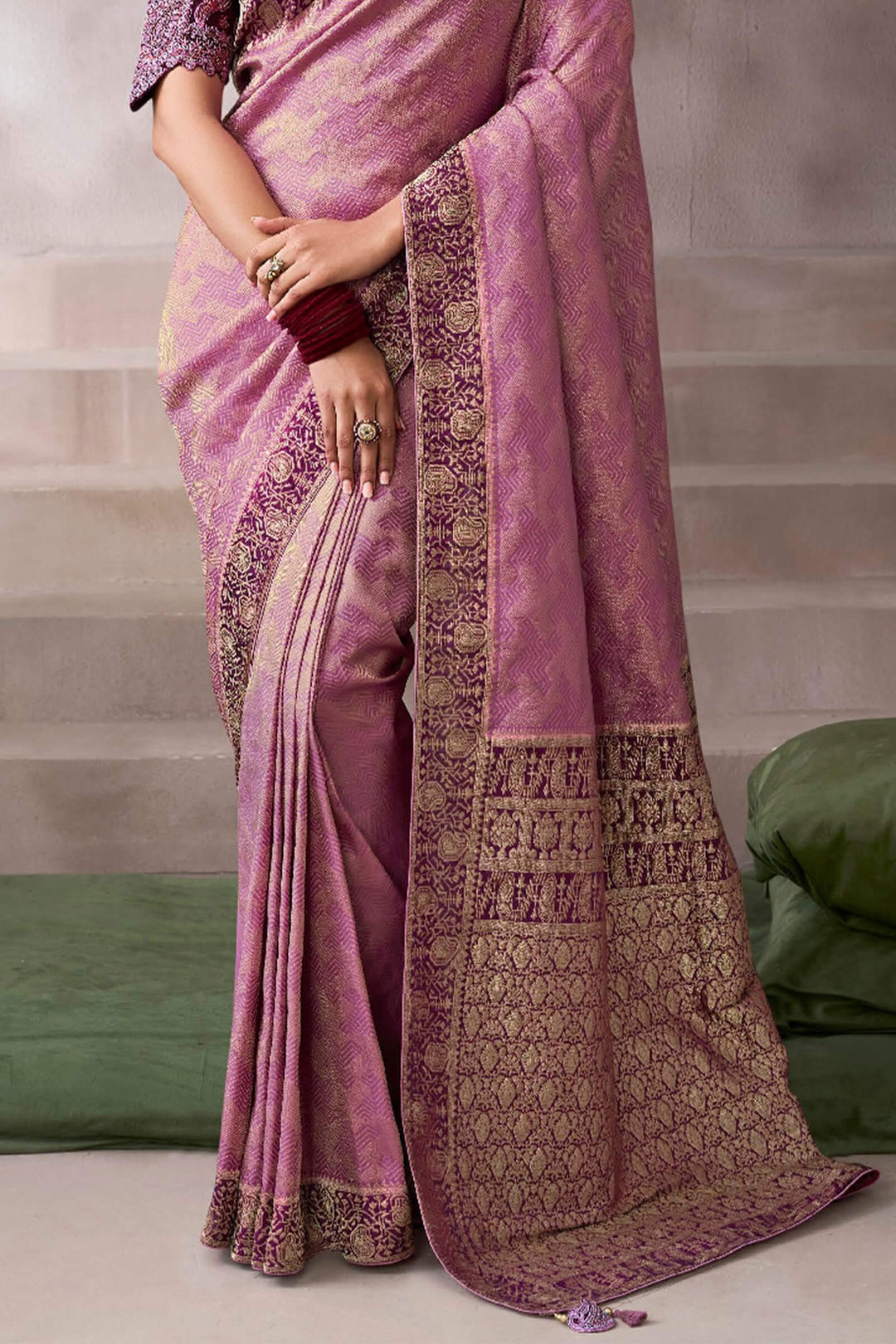 Carnation Pink Zari Woven Pure Crape Silk Saree with Designer Blouse Piece