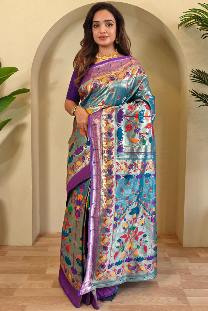 Carolina Blue Paithani Silk Saree