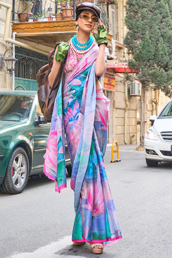 Carolina Blue Printed Satin Georgette Silk Saree