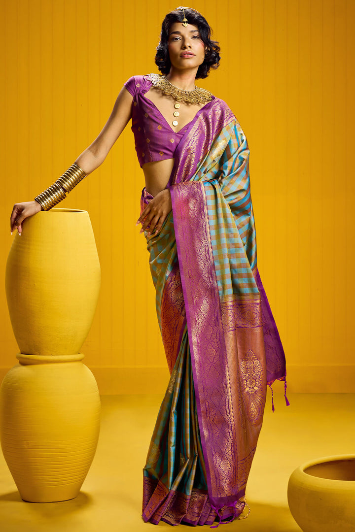 Carolina Blue Two tone Checks Banarasi Silk Saree