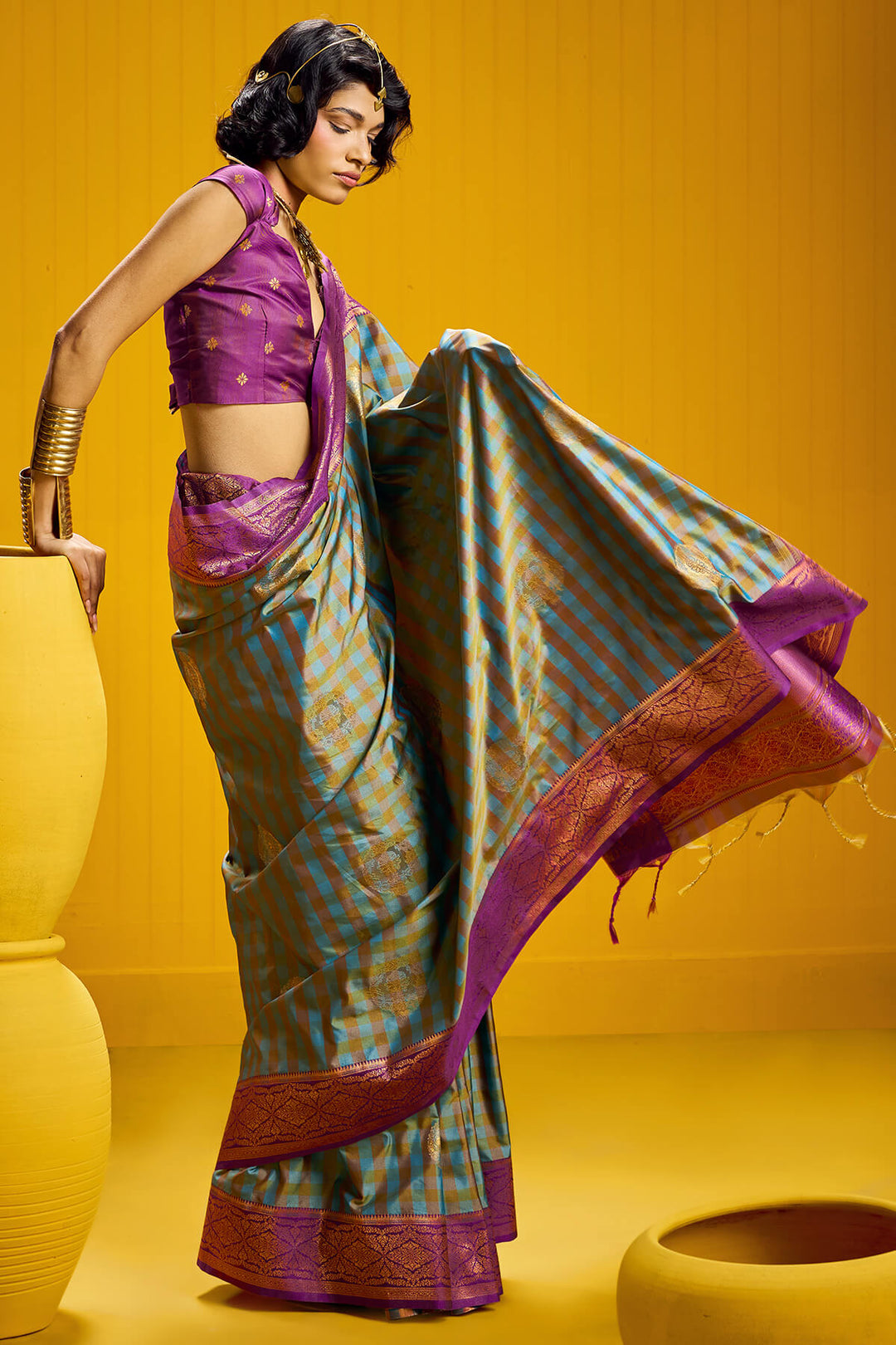Carolina Blue Two tone Checks Banarasi Silk Saree