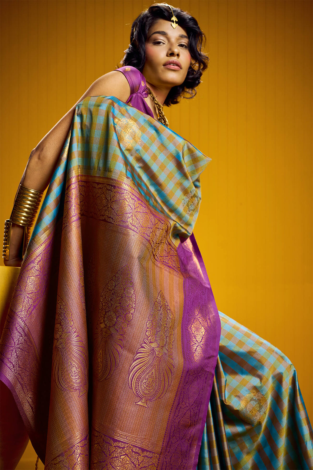 Carolina Blue Two tone Checks Banarasi Silk Saree