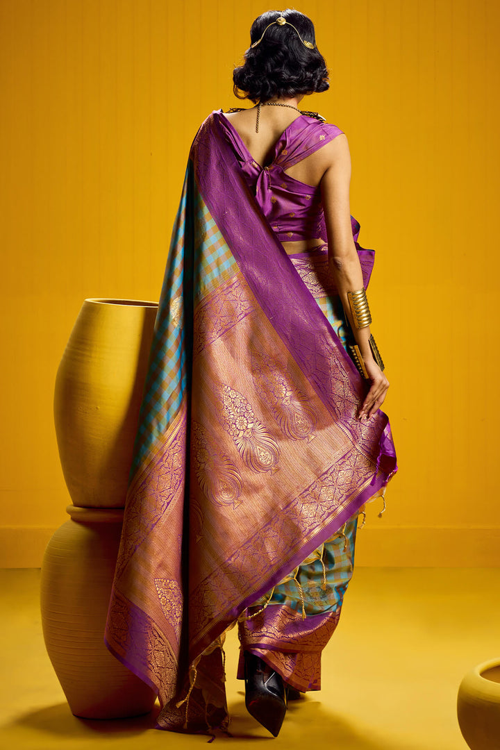 Carolina Blue Two tone Checks Banarasi Silk Saree