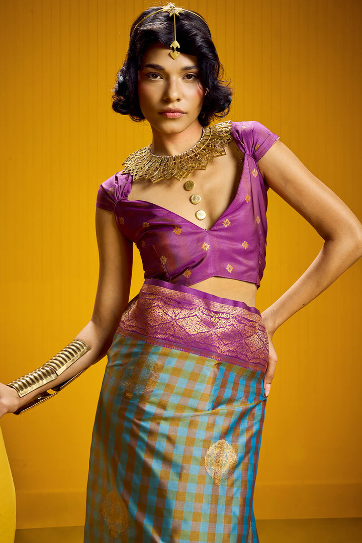 Carolina Blue Two tone Checks Banarasi Silk Saree