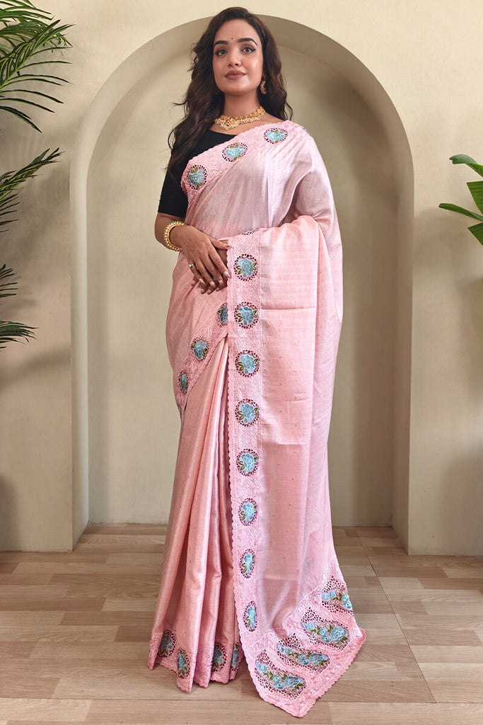 Carousel Pink Cutwork Embroidered Tussar Silk Saree